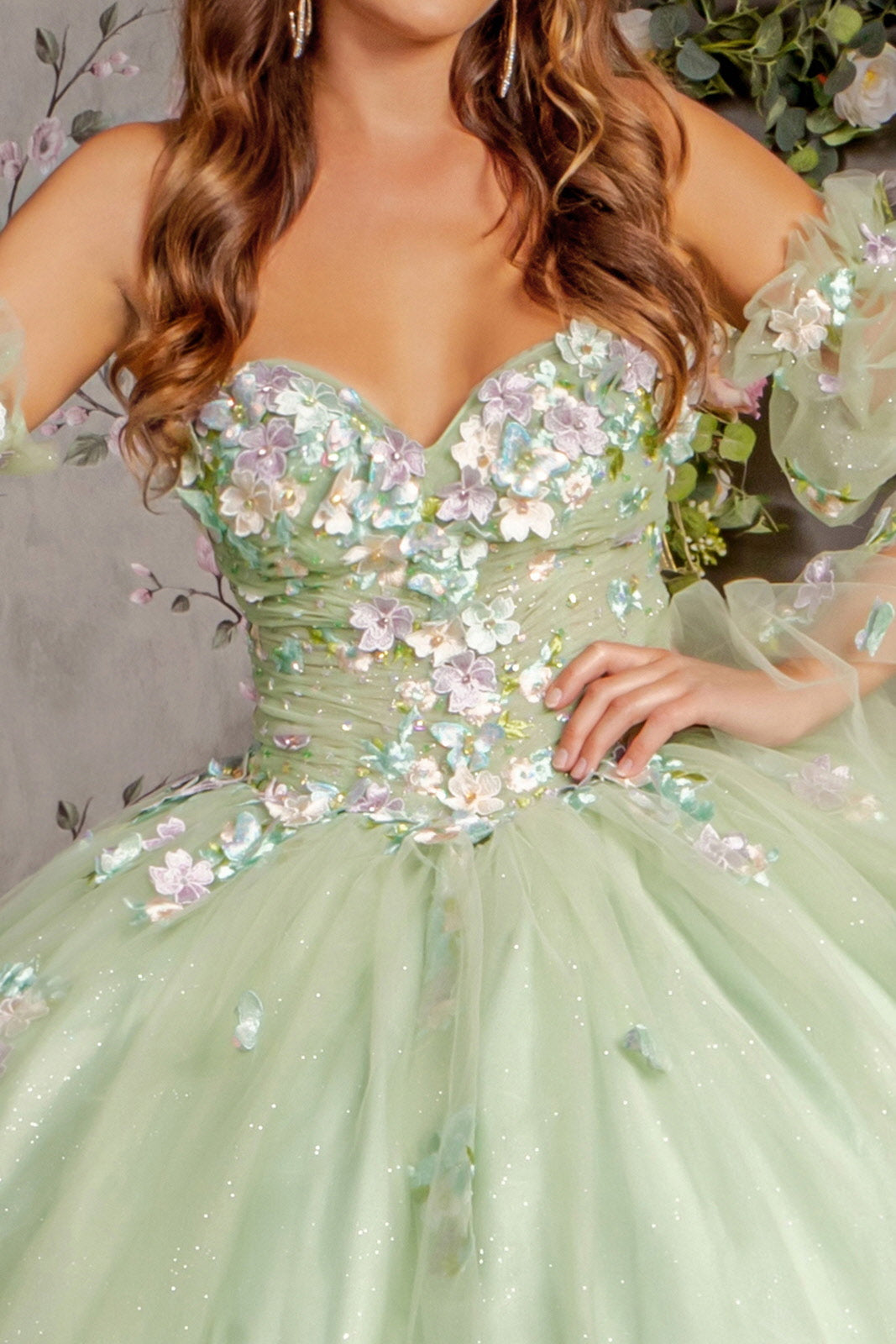 Long Quinceanera Dress 3D Flower Ball Gown - Sage / M