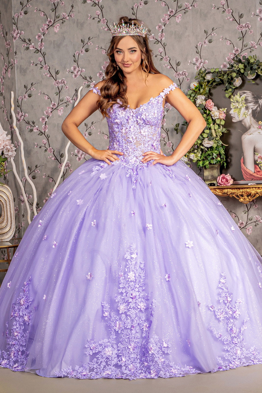Quinceniera Dresses 3D Flower Jewel Glitter Quinceanera Ball Gown Lilac