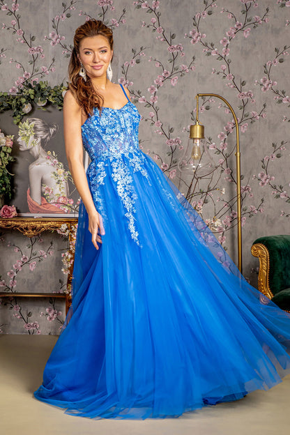 Prom Dresses Prom Jewel 3D Flower A line Long Dress Royal Blue