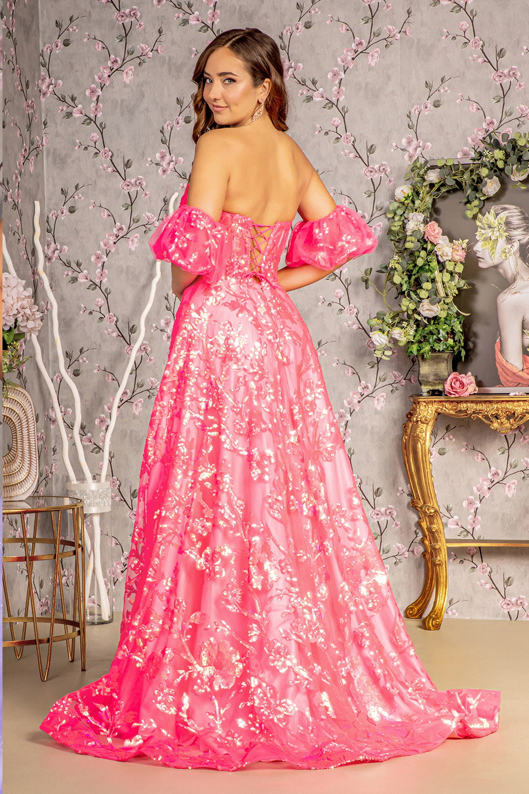 Hot Pink Long Formal Detachable Sleeve Sequin Prom Dress Prom