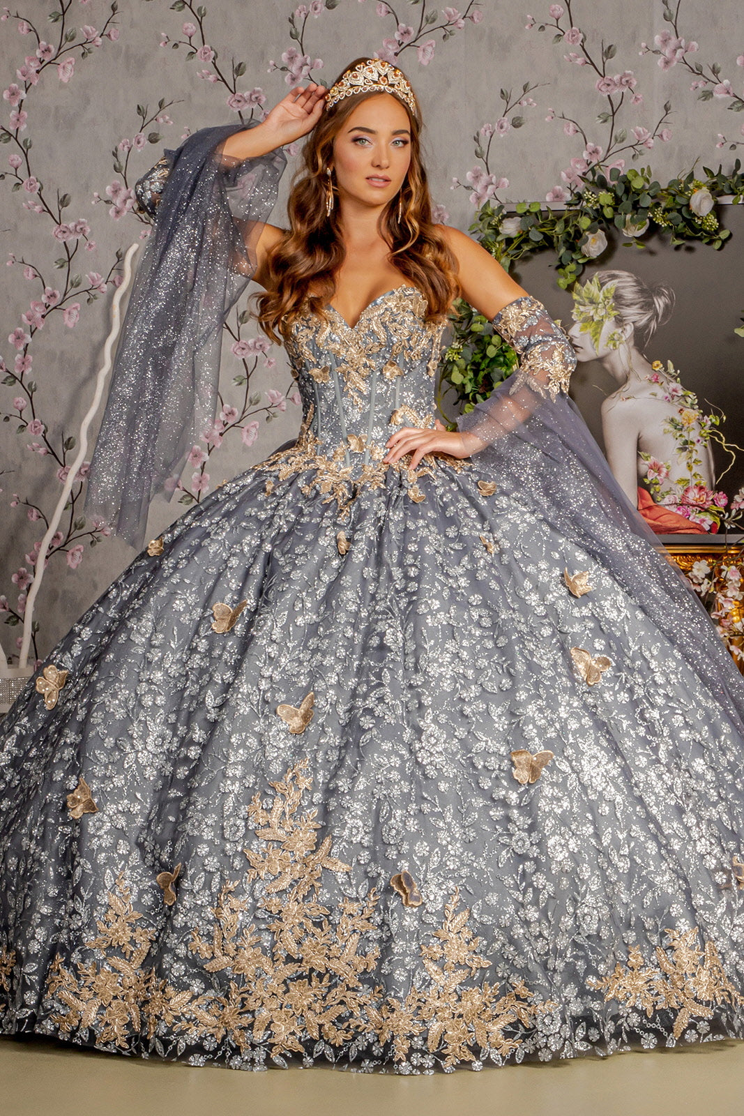 Metallic Long Ball Gown Quinceanera Dress - Gray / Xs Metallic Long Ball Gown Quinceanera Dress - Gray / Xs