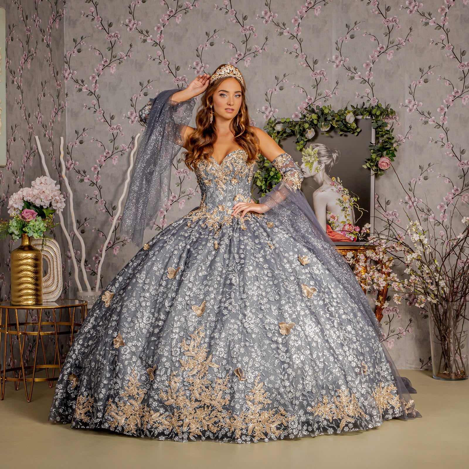 Metallic Long Ball Gown Quinceanera Dress - Gray / XS Metallic Long Ball Gown Quinceanera Dress - Gray / XS