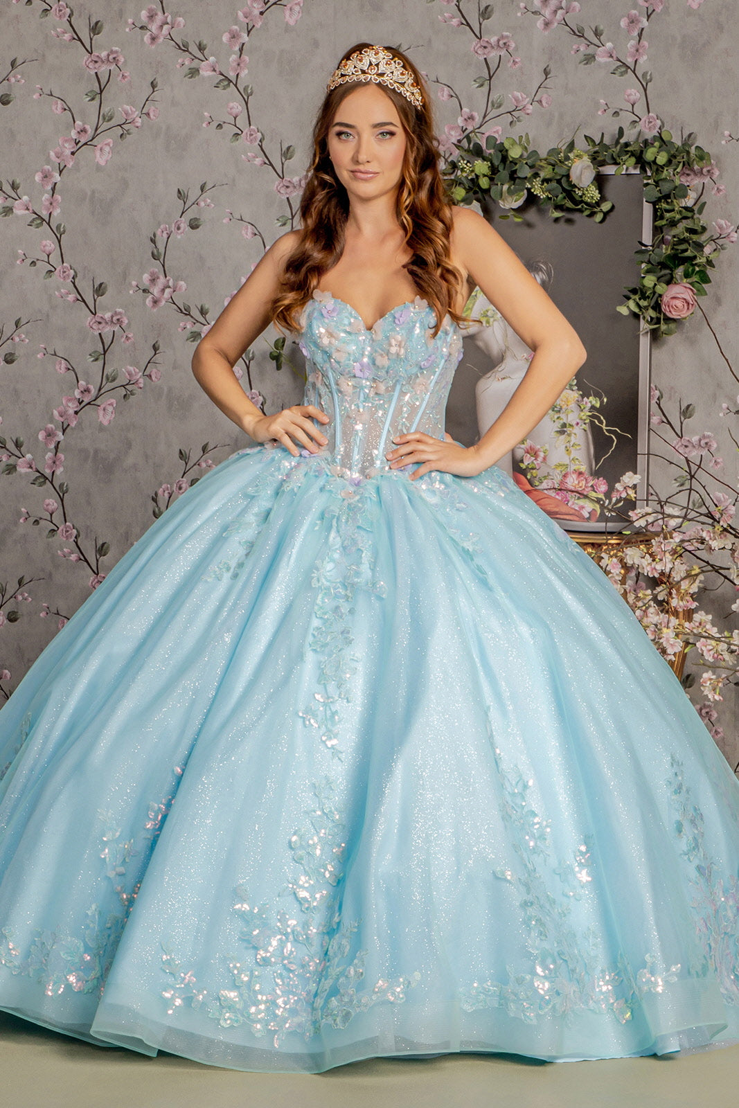 Tiffany Blue Long 3D Flower Quinceanera Ball Gown Quinceanera