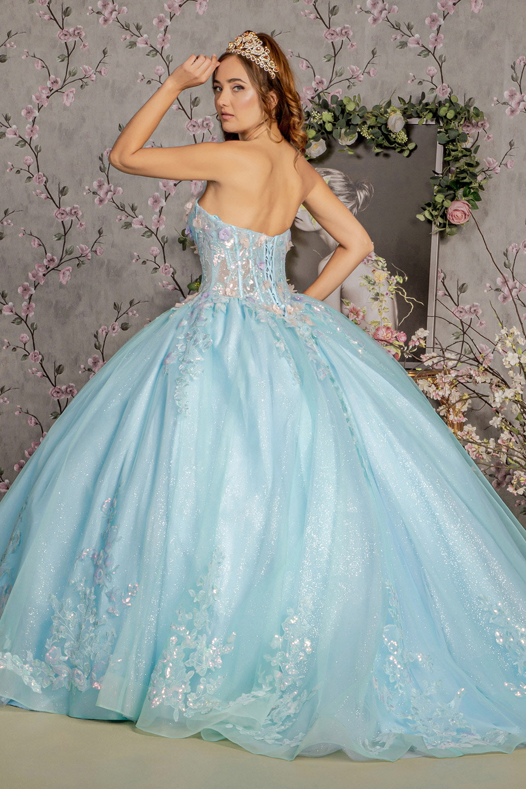 Long 3D Flower Quinceanera Ball Gown - Tiffany Blue / XL Long 3D Flower Quinceanera Ball Gown - Tiffany Blue / XL