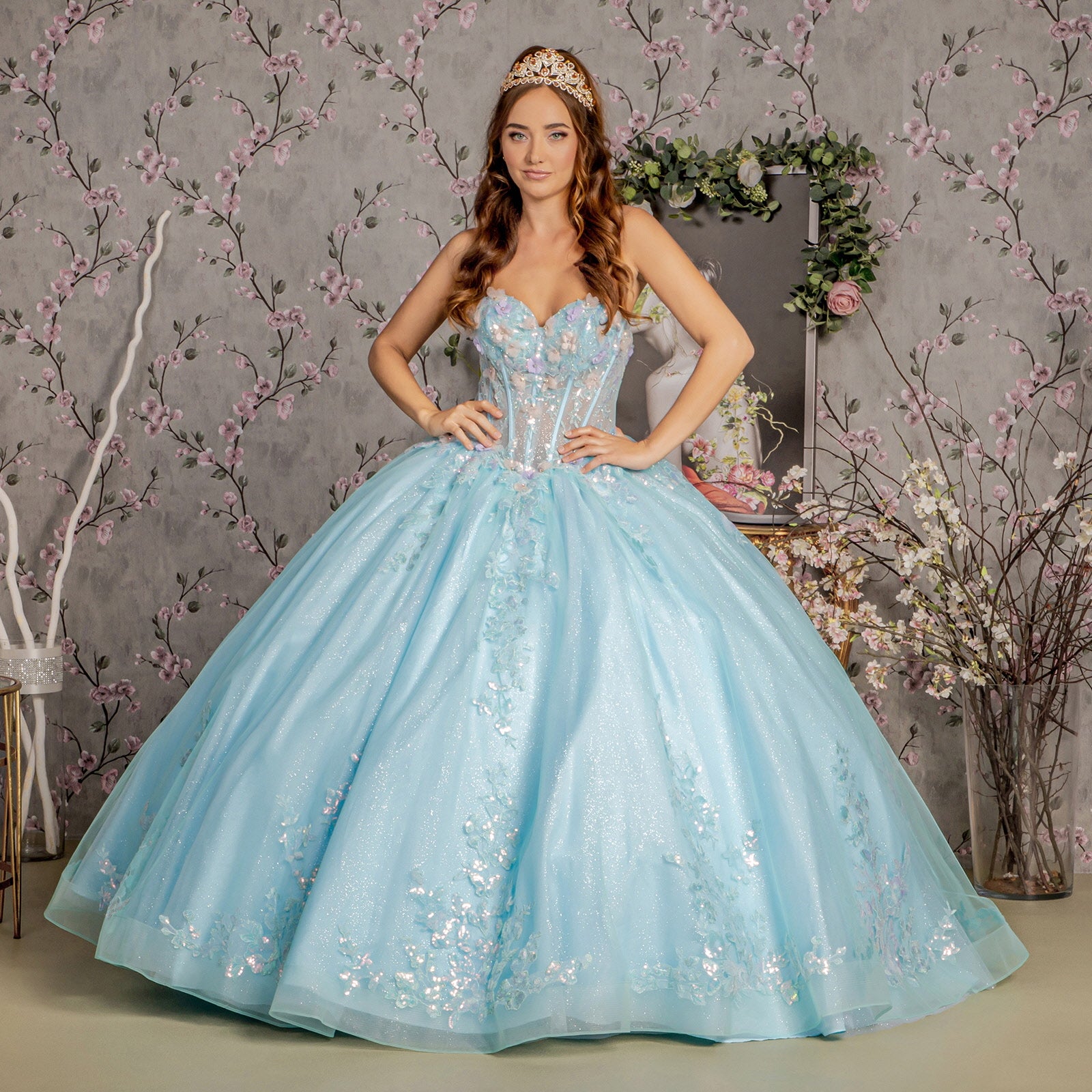 Quinceanera Dresses 3D Flower Quinceanera Ball Gown Tiffany Blue