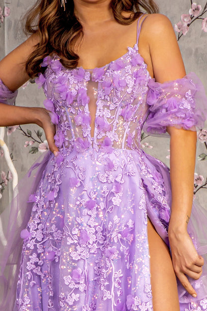 Prom Dresses 3D Flower Detachable Waist Drape A line Long Prom Dress Lilac