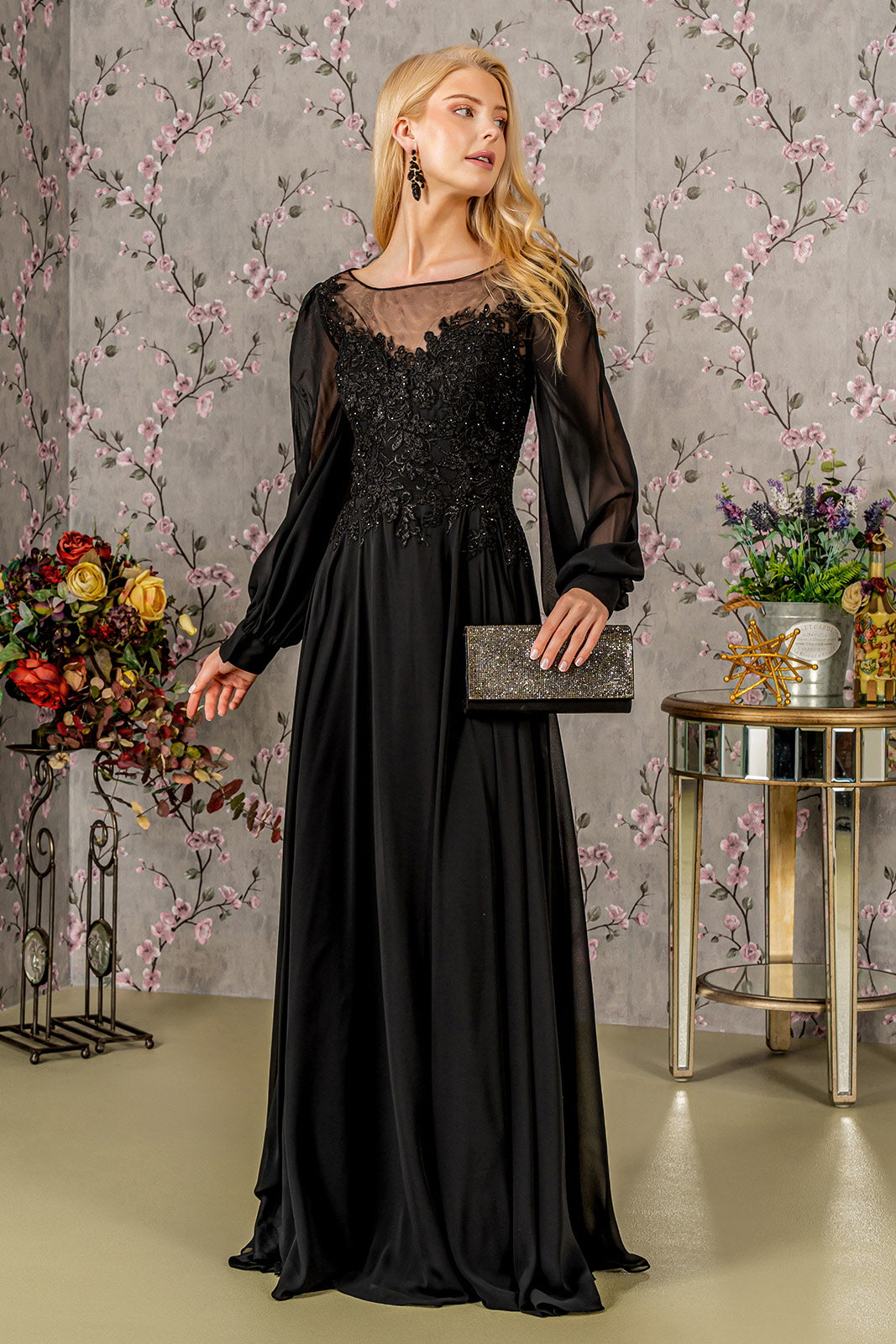 Mother of the Bride Dresses Floral A line Long Mother of the Bride Dress Black
