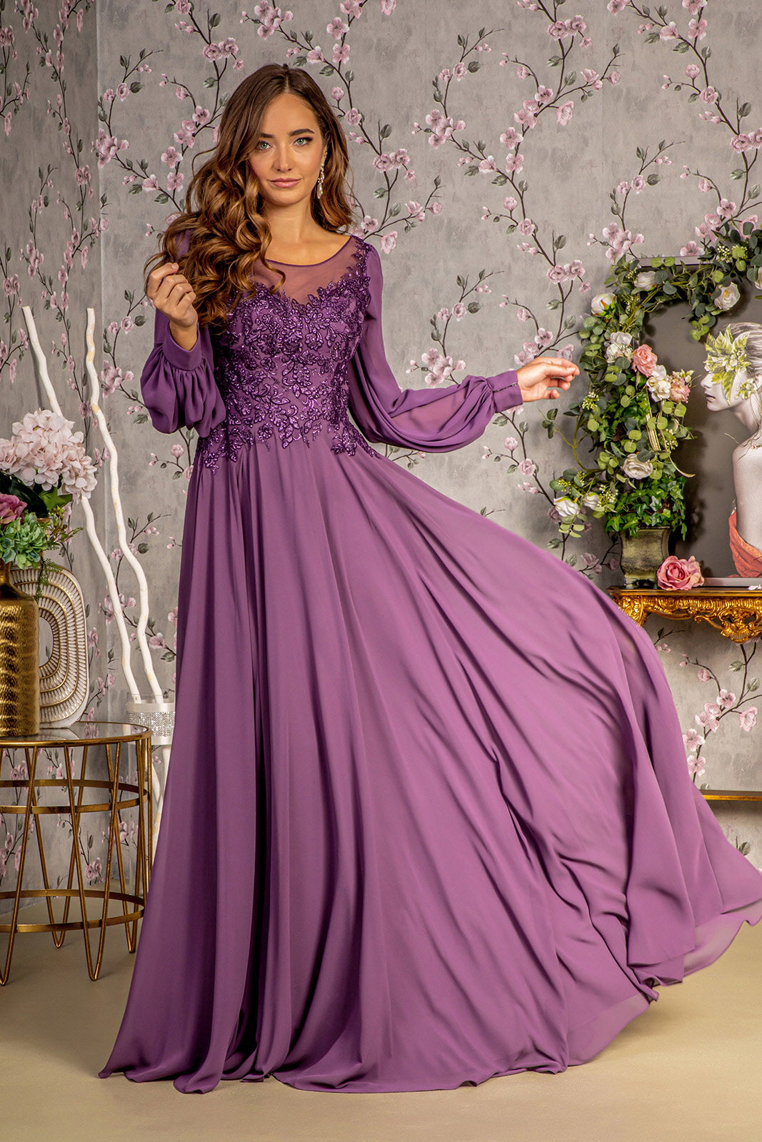 Mother of the Bride Dresses Floral A line Long Mother of the Bride Dress Purple