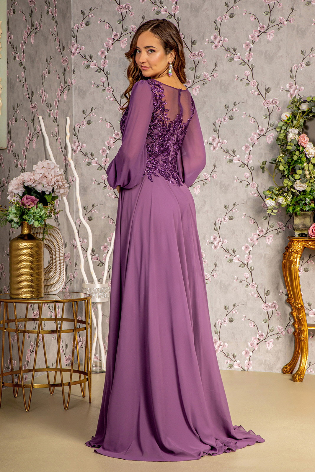 purple formal dress with sleeves A Line Long Formal Mother of the Bride Dress