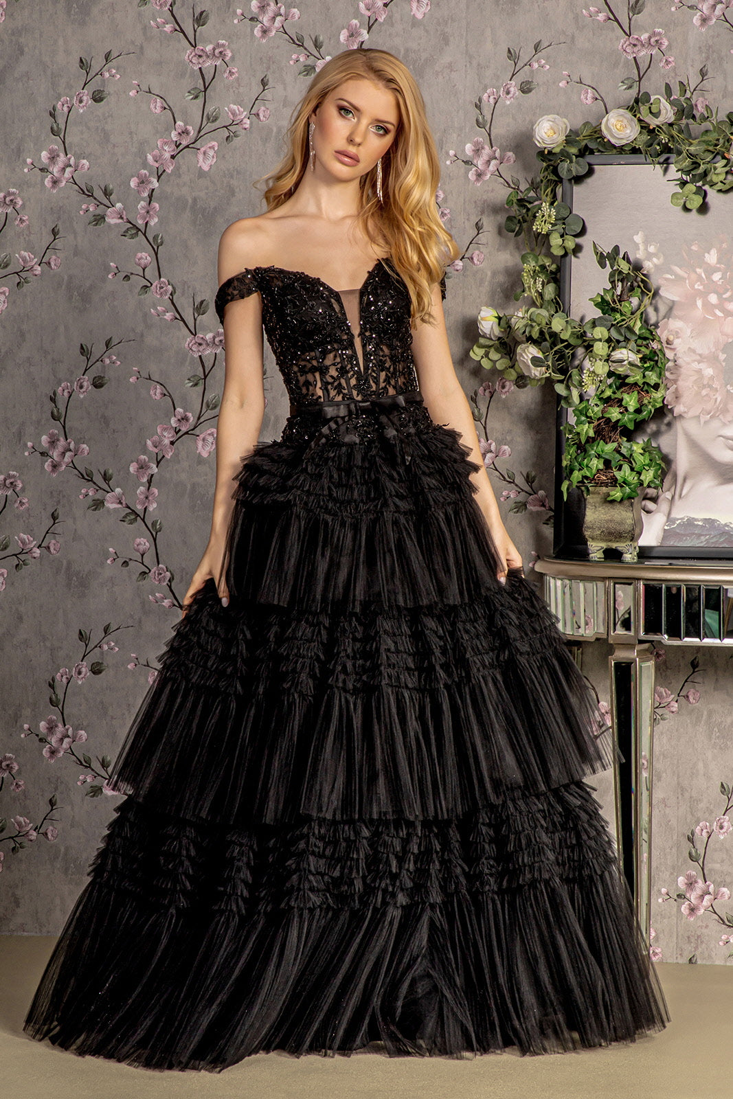 Long Formal 3D Flower A Line Prom Dress