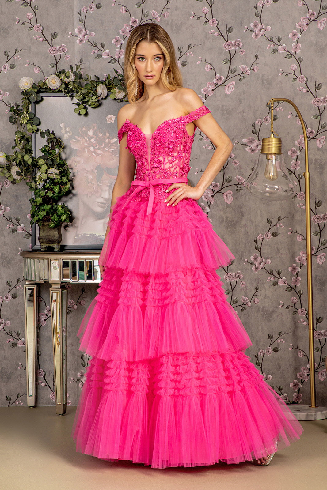 Long Formal 3D Flower A Line Prom Dress