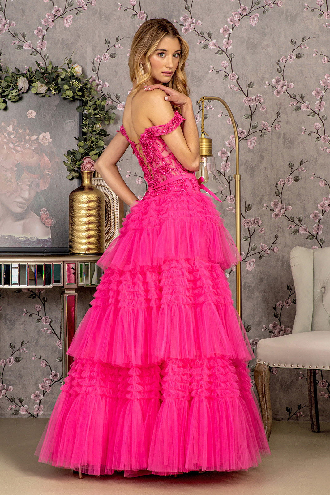 Long Formal 3D Flower A Line Prom Dress