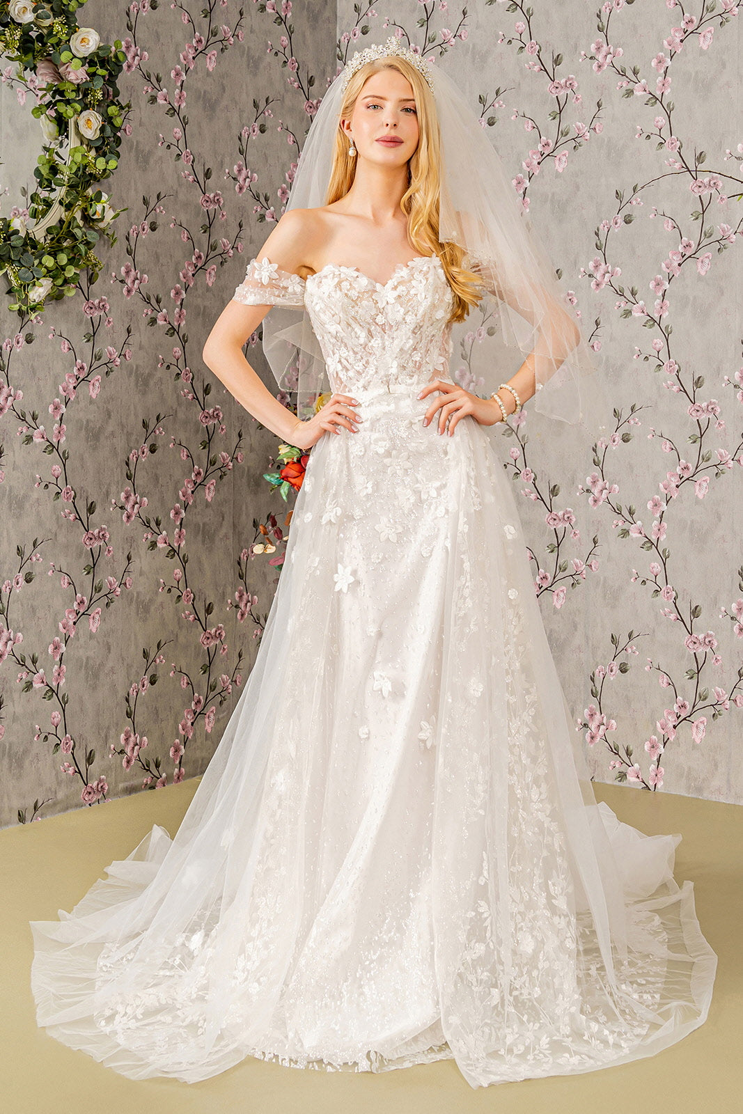 Long A Line Glitter Cape Wedding Dress