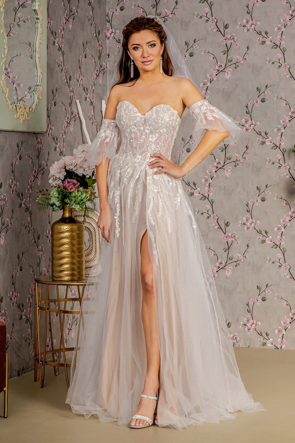 Wedding Dresses A line Wedding Gown with Detachable Short Sleeves Ivory/Champagne