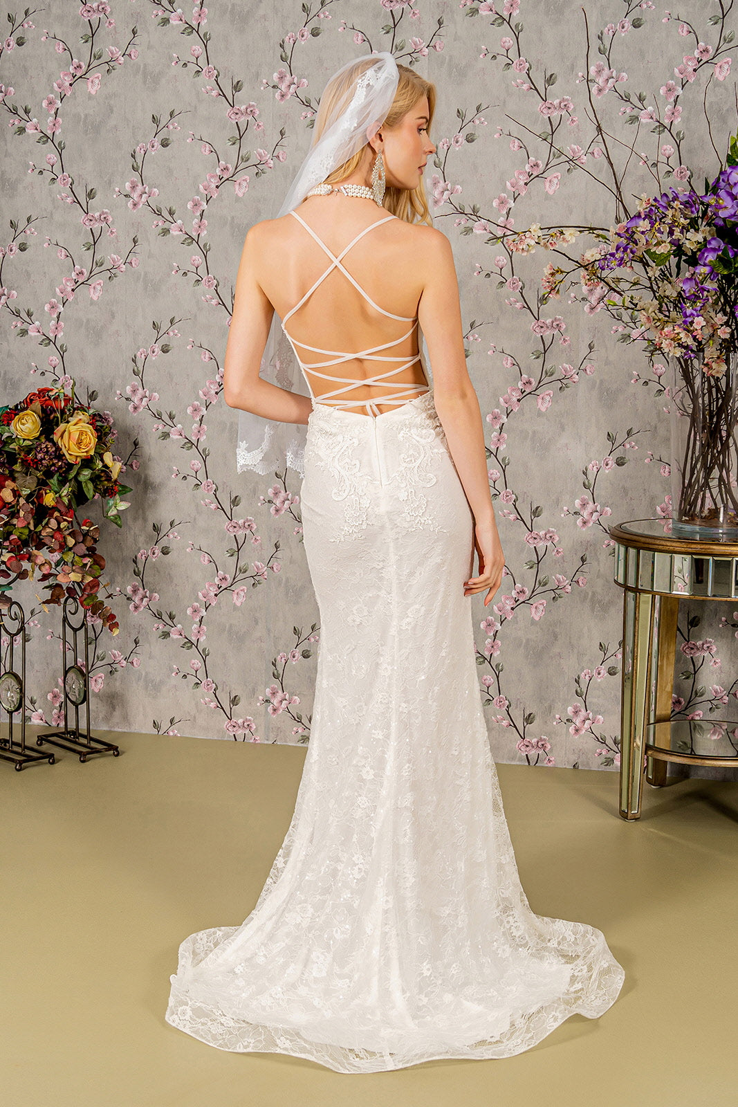 Lace Applique Top Long Bridesmaid Gown Ivory