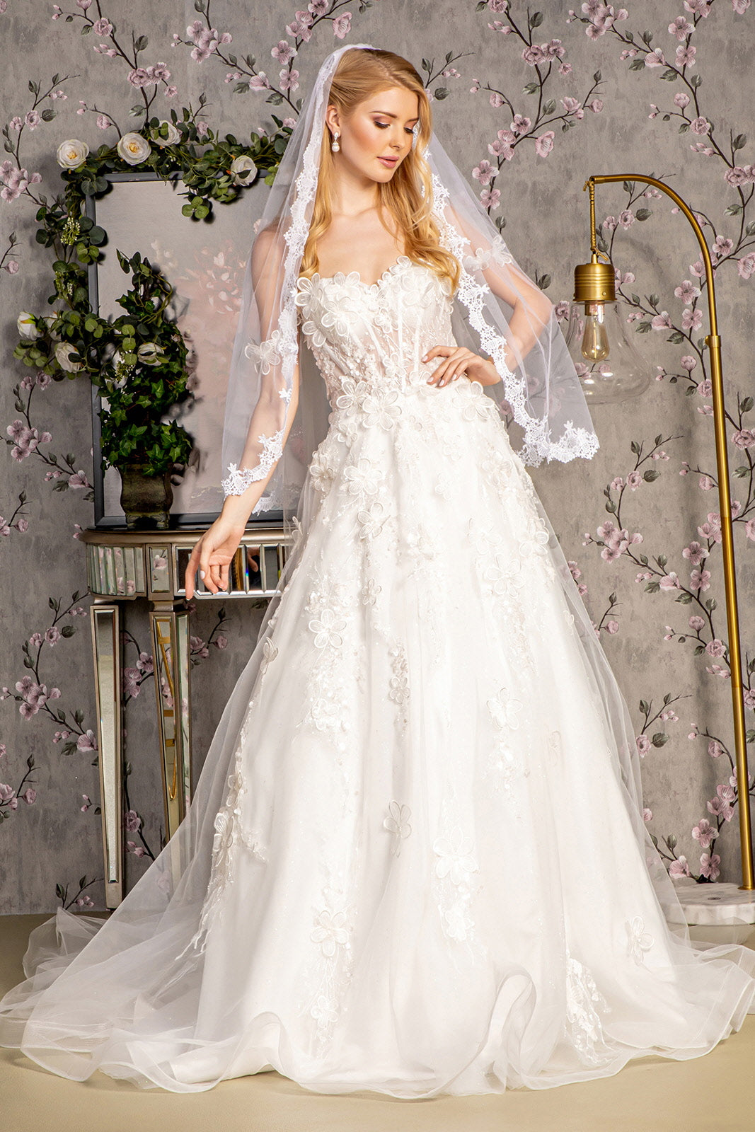 Long Sequin 3D Flower Wedding Dress