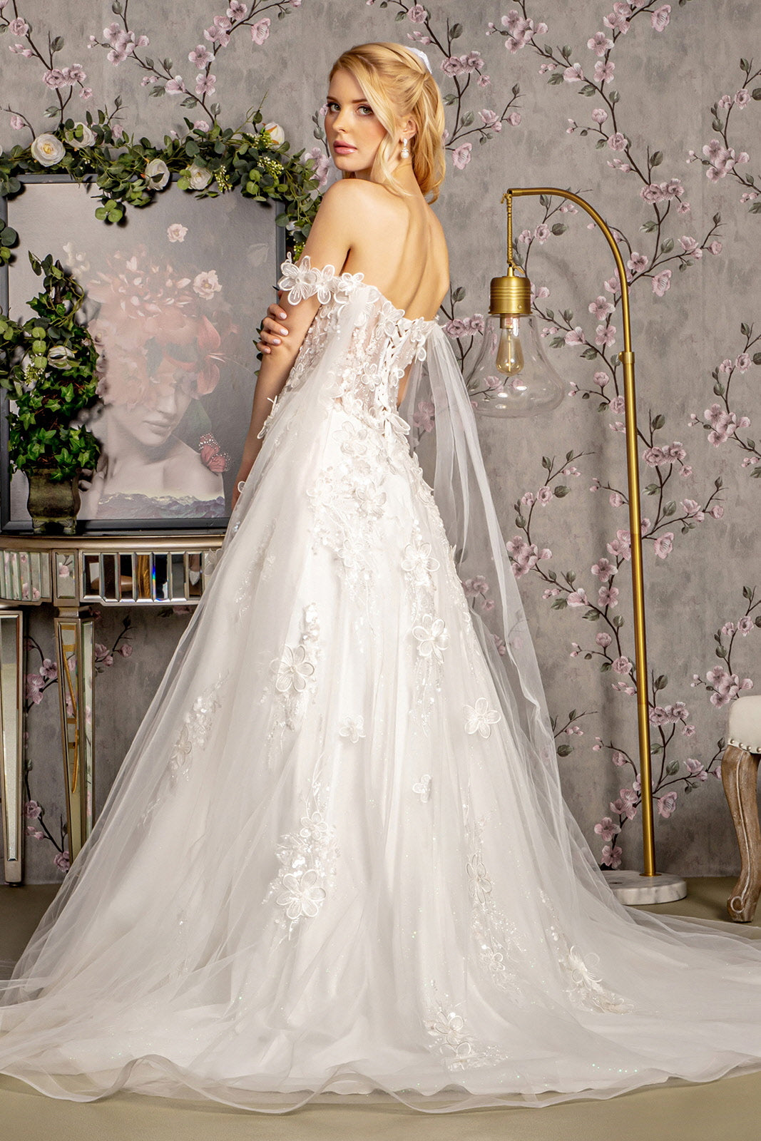Long Sequin 3D Flower Wedding Dress