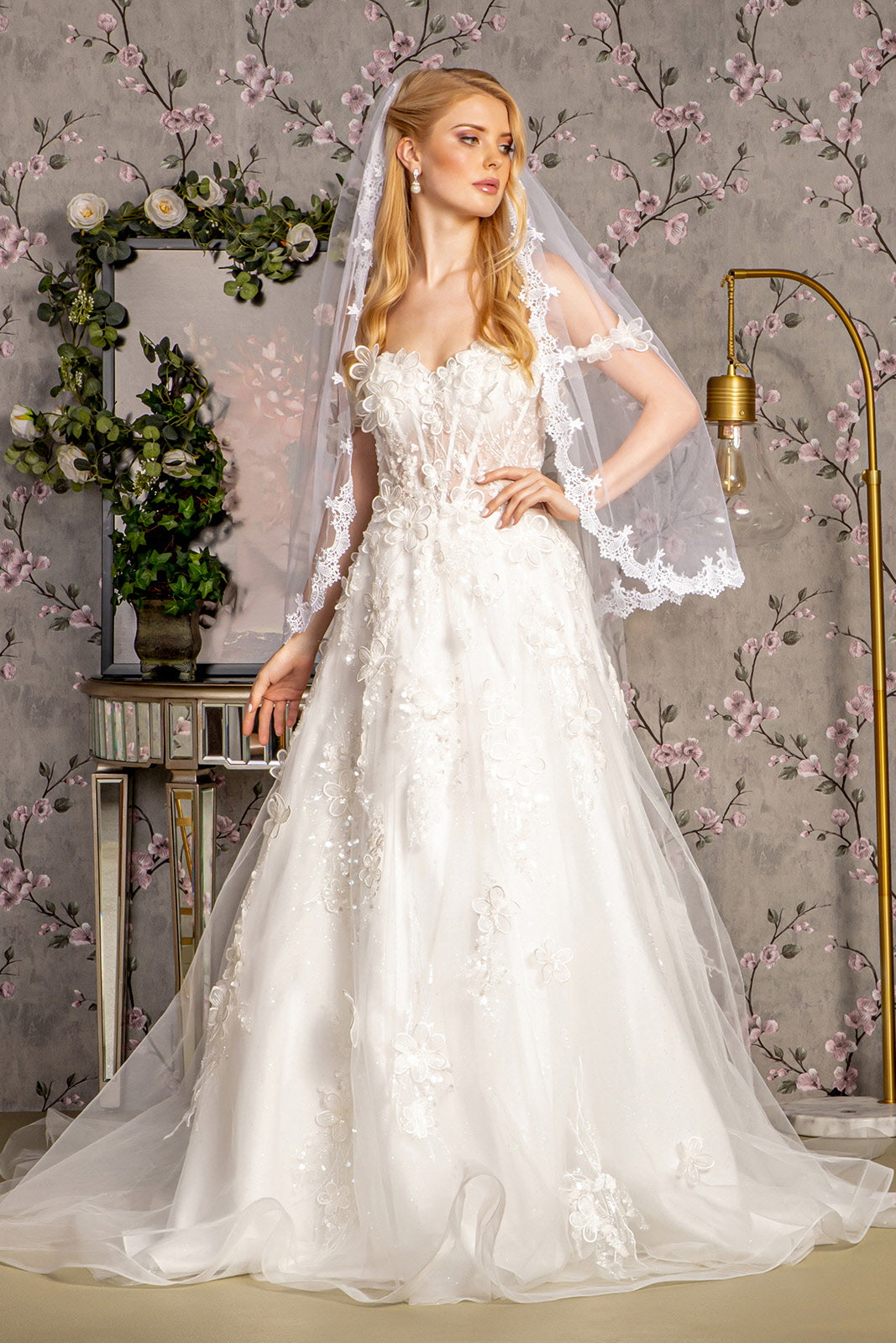 Long Sequin 3D Flower Wedding Dress