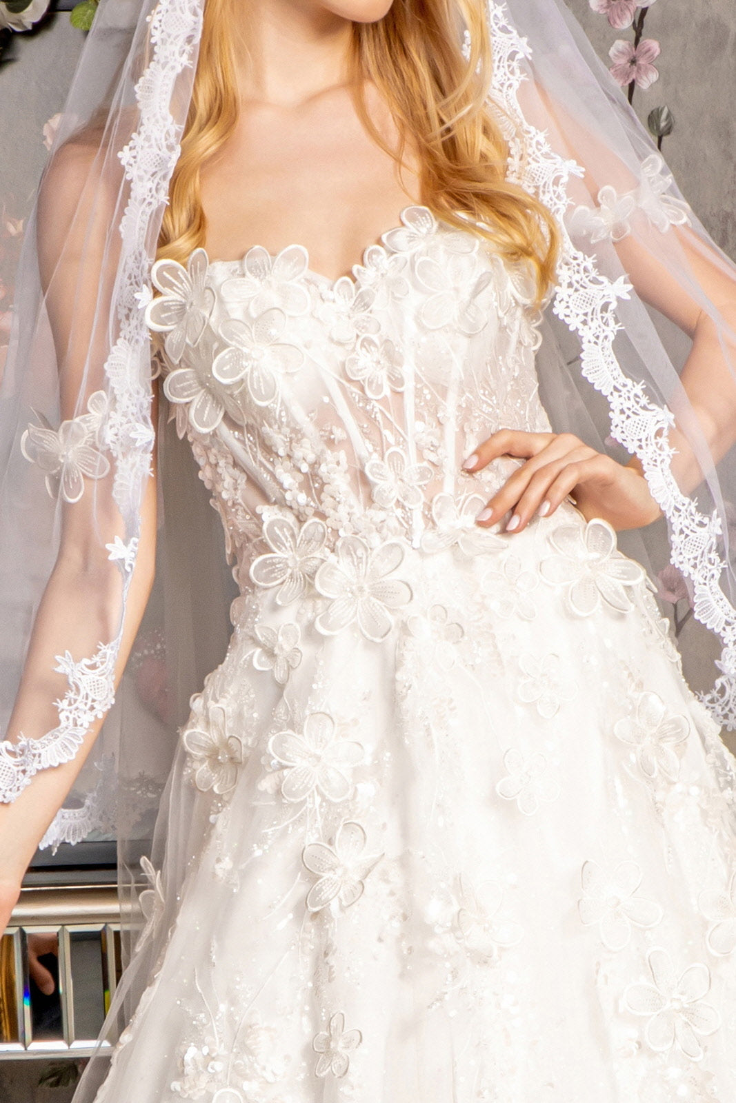Long Sequin 3D Flower Wedding Dress