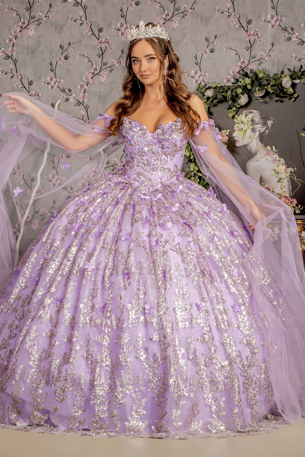 Quinceanera Dresses Long Sheer Sleeve Drapes Quinceanera Ball Gown Lilac