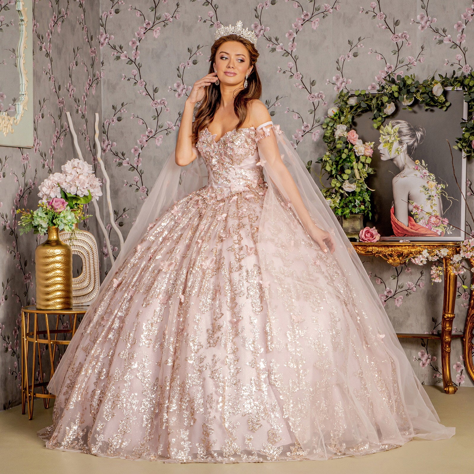 Quinceanera Dresses Long Sheer Sleeve Drapes Quinceanera Ball Gown Mauve