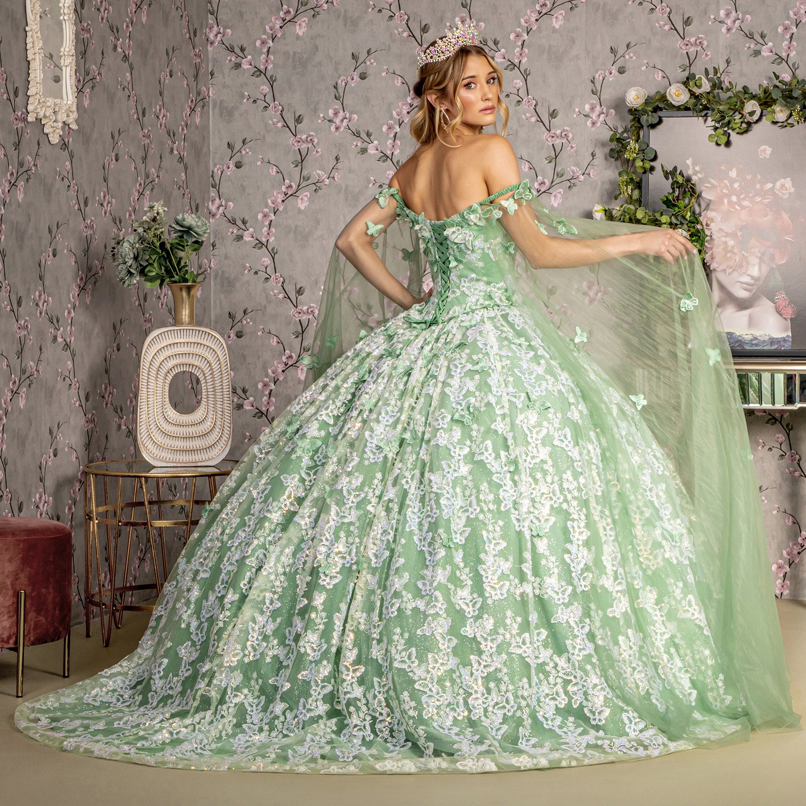 Quinceanera Dresses Long Sheer Sleeve Drapes Quinceanera Ball Gown Sage