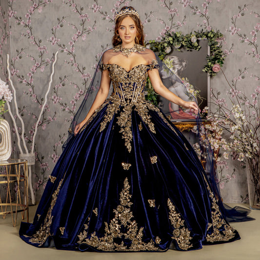 Quinceniera Dresses Metallic Quinceanera Long Mesh Cape Ball Gown Navy