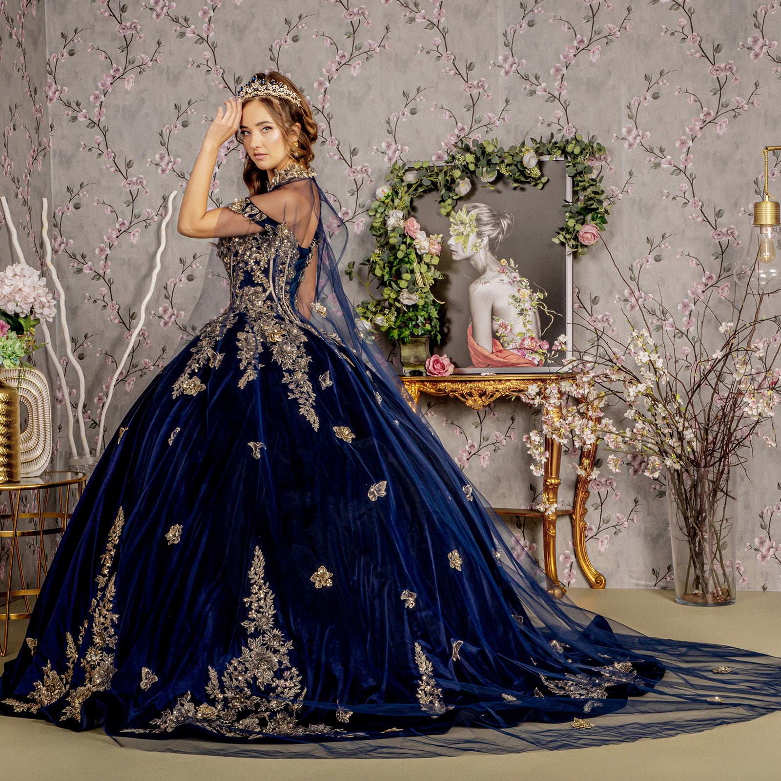 navy blue and gold quince dress Vintage Velvet Ball Gown Wedding Dresses Lace Appliqued Viniodress a rosary and bible for a quinceanera and a gift card box for a meaningful and coordinated celebration. Sweet 16 Navy Blue and