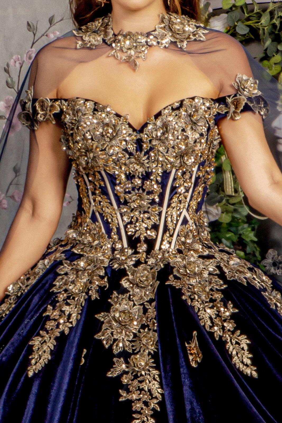 metallic cape dress Long Metallic Quinceanera Dress Cape Ball Gown