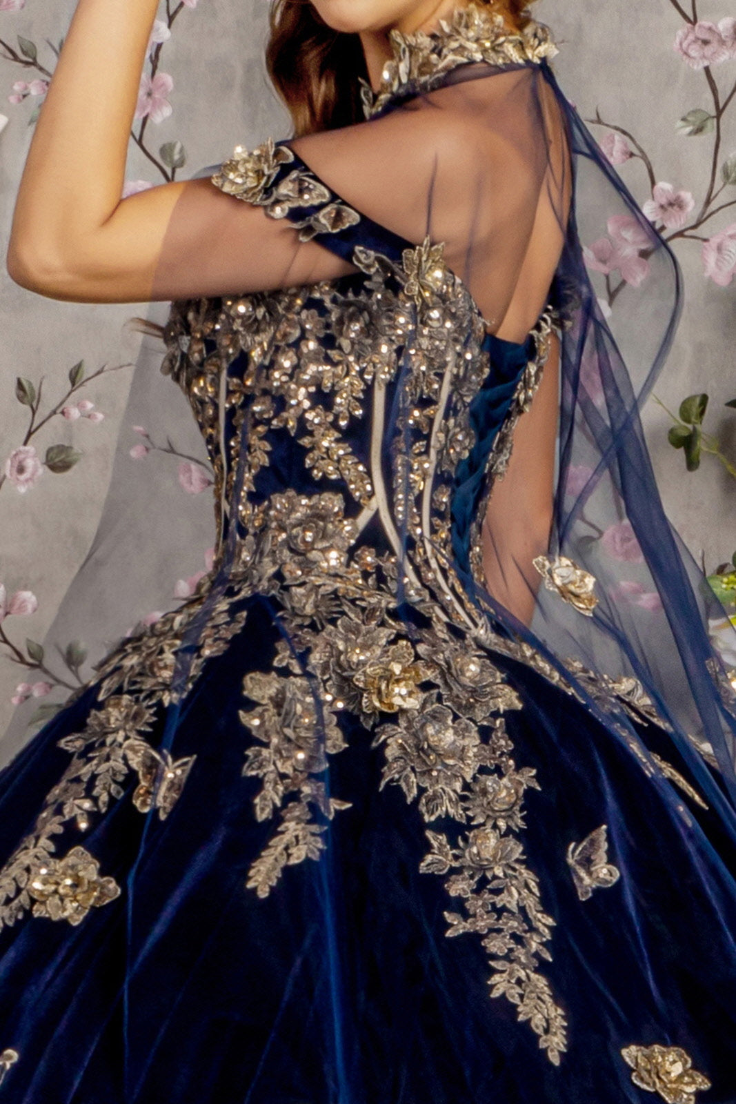 Long Metallic Quinceanera Dress Cape Ball Gown