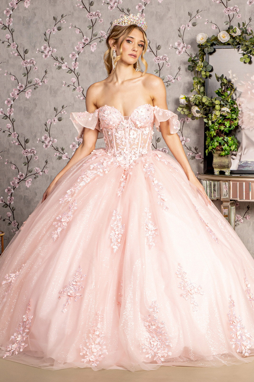 3D Flower Long Ball Gown Quinceanera Dress - Blush / XL 3D Flower Long Ball Gown Quinceanera Dress - Blush / XL