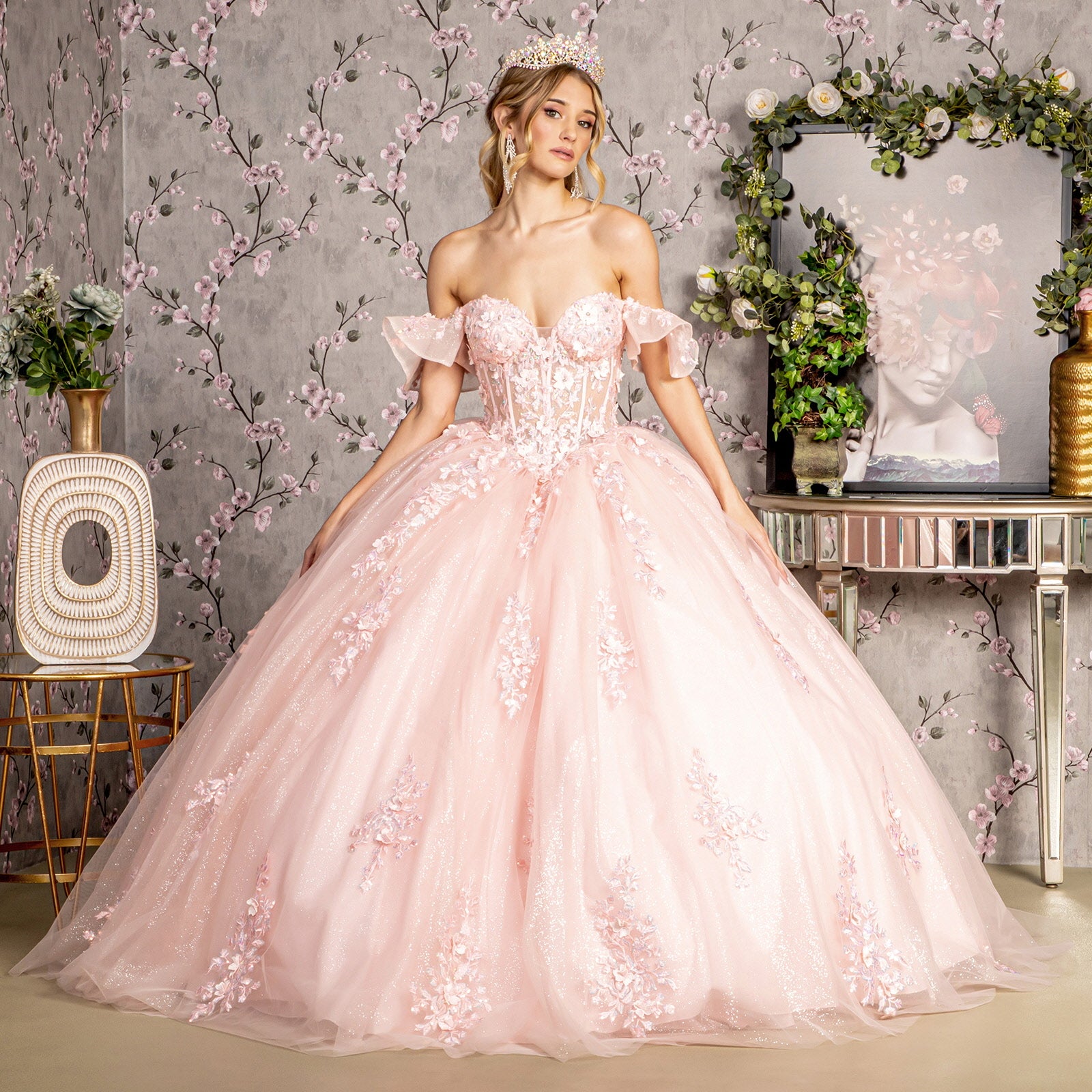 3D Flower Long Ball Gown Quinceanera Dress - Blush / XL 3D Flower Long Ball Gown Quinceanera Dress - Blush / XL