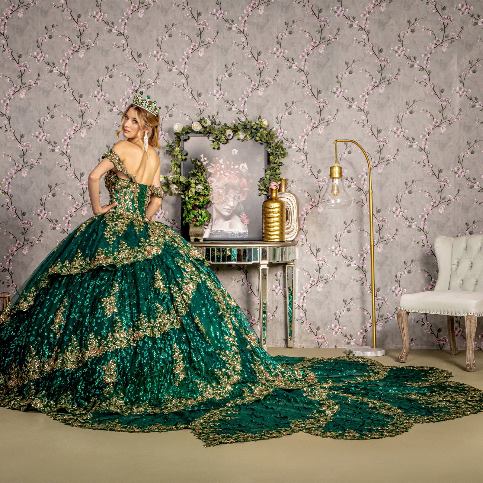 Long Metallic Quinceanera Ball Gown