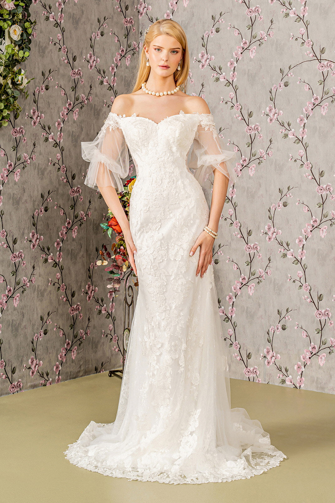 Long Floral Beaded Mermaid Wedding Dress - Ivory / XS Long Floral Beaded Mermaid Wedding Dress - Ivory / XS