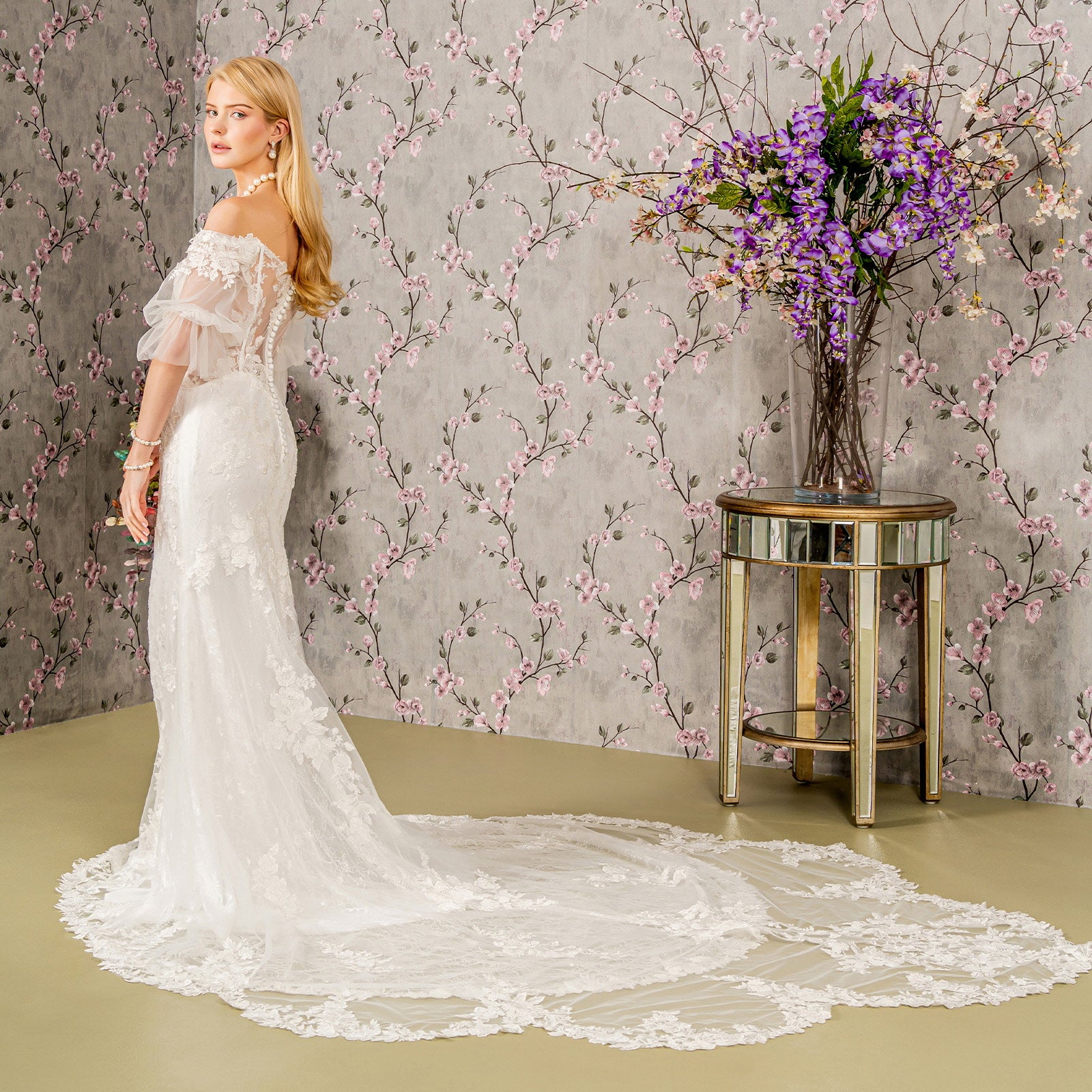 Long Floral Beaded Mermaid Wedding Dress