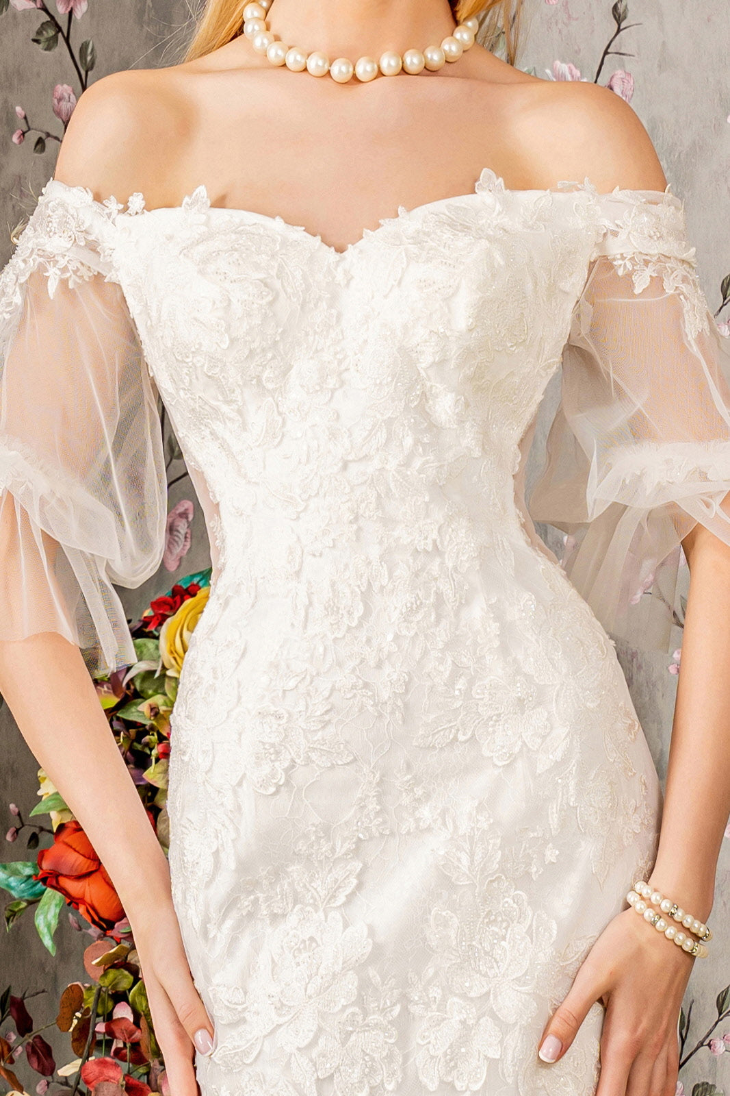 fitted lace wedding dress Zapaka Women Wedding Dress White Mermaid Detachable Puff Sleeves Sweep Train Lace Bridal Dress, White / US8