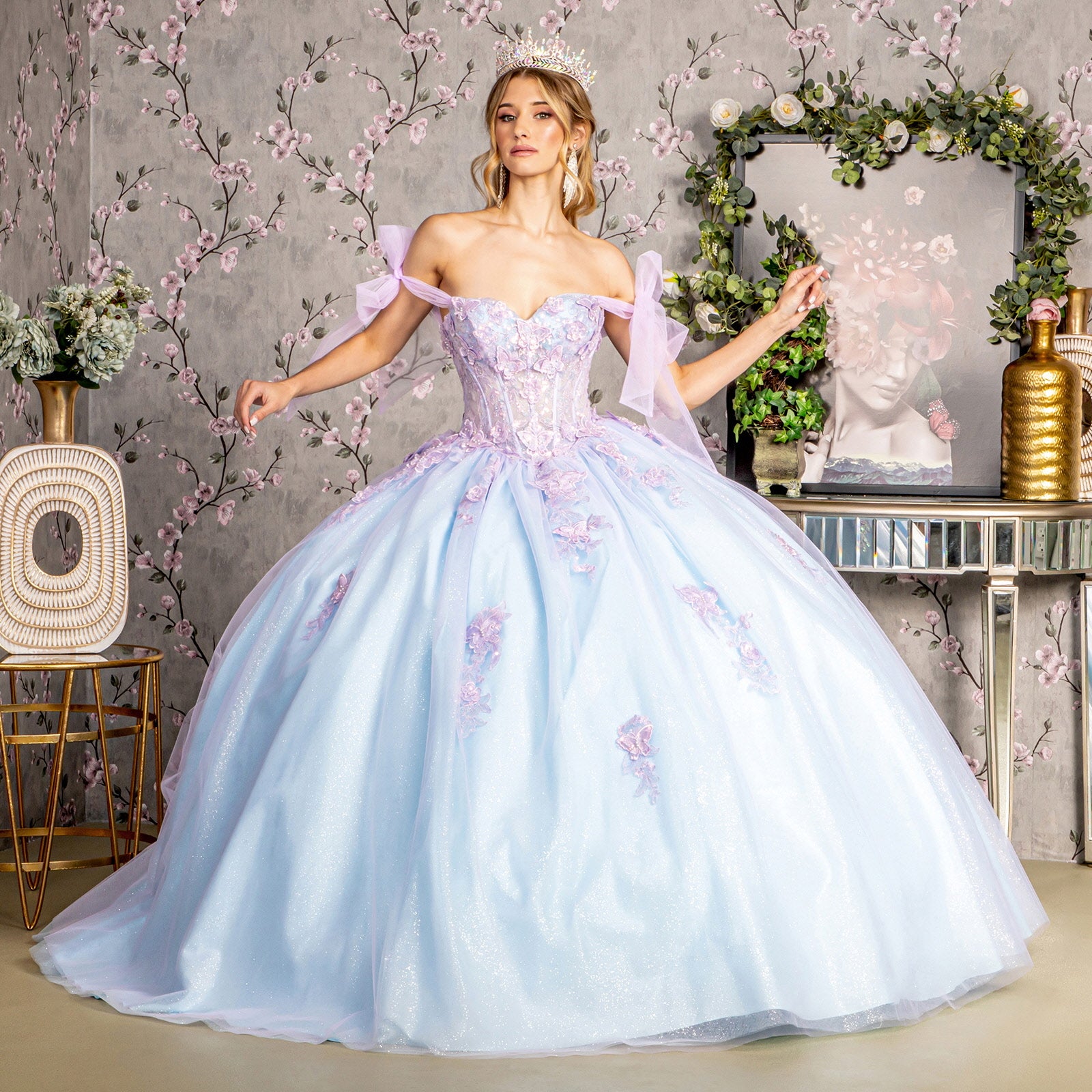 Long Quinceanera Dress 3D Butterfly Ball Gown