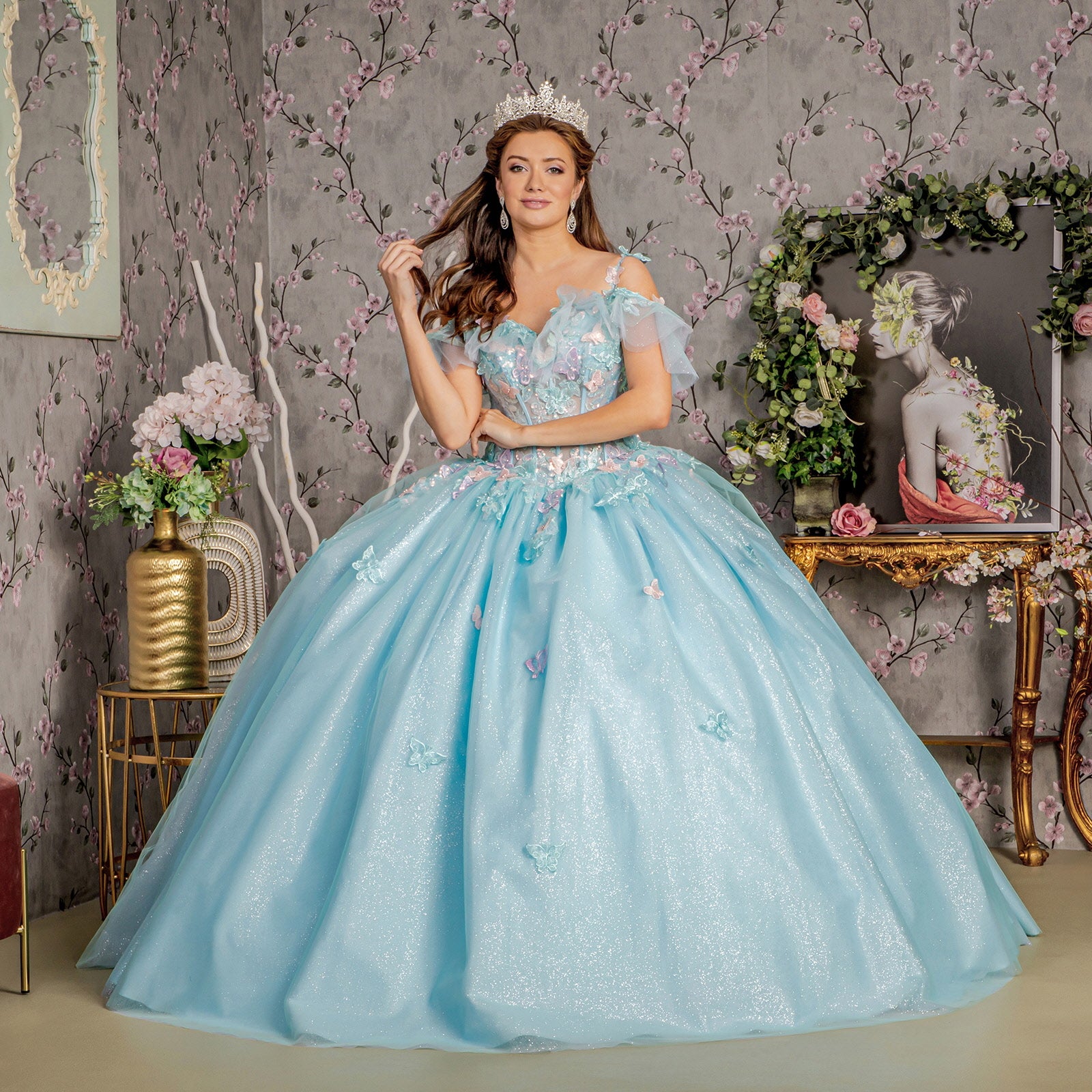 Long Ball Gown Glitter Quinceanera Dress - Baby Blue / 3XL