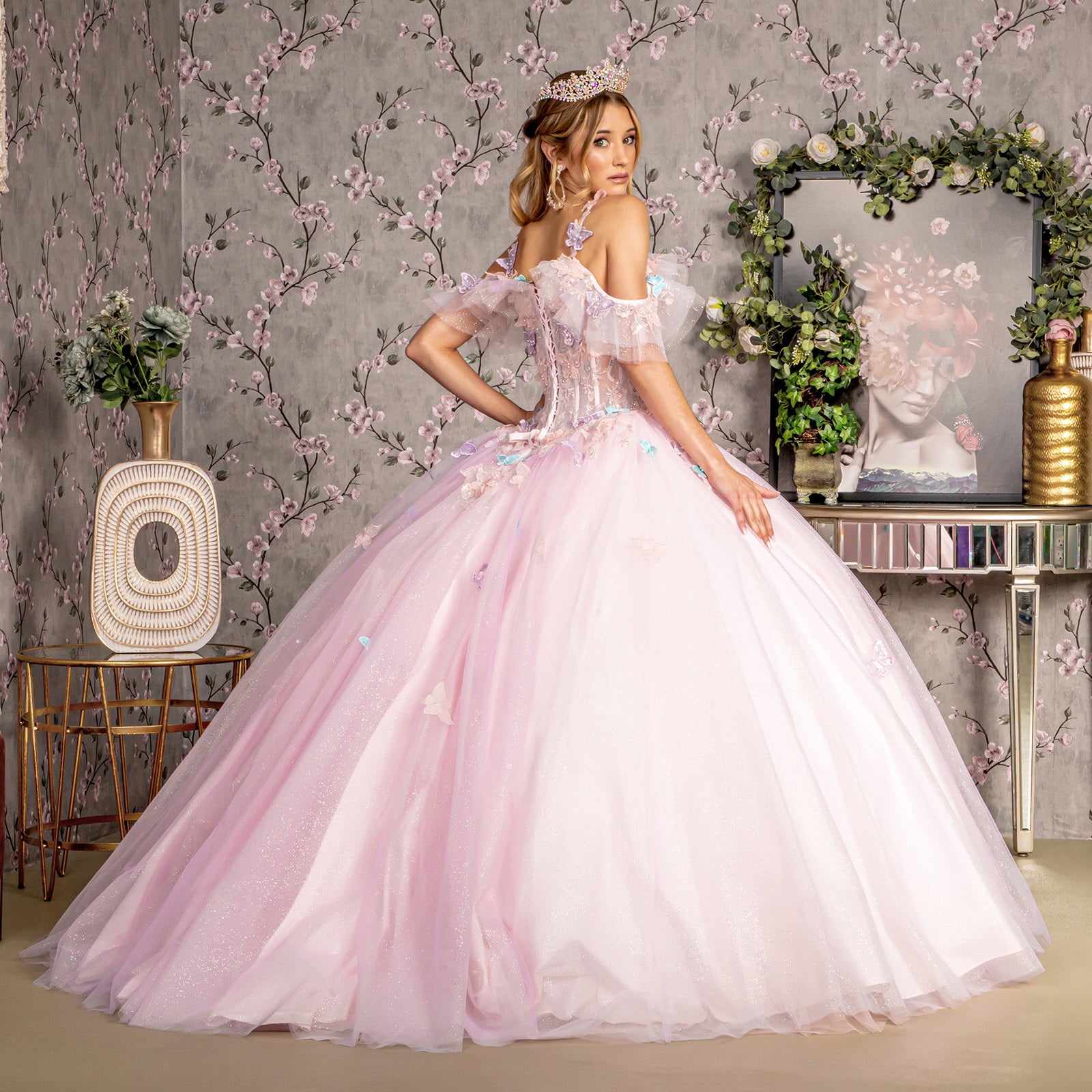 Long Quinceanera Dress Glitter Mesh Ball Gown