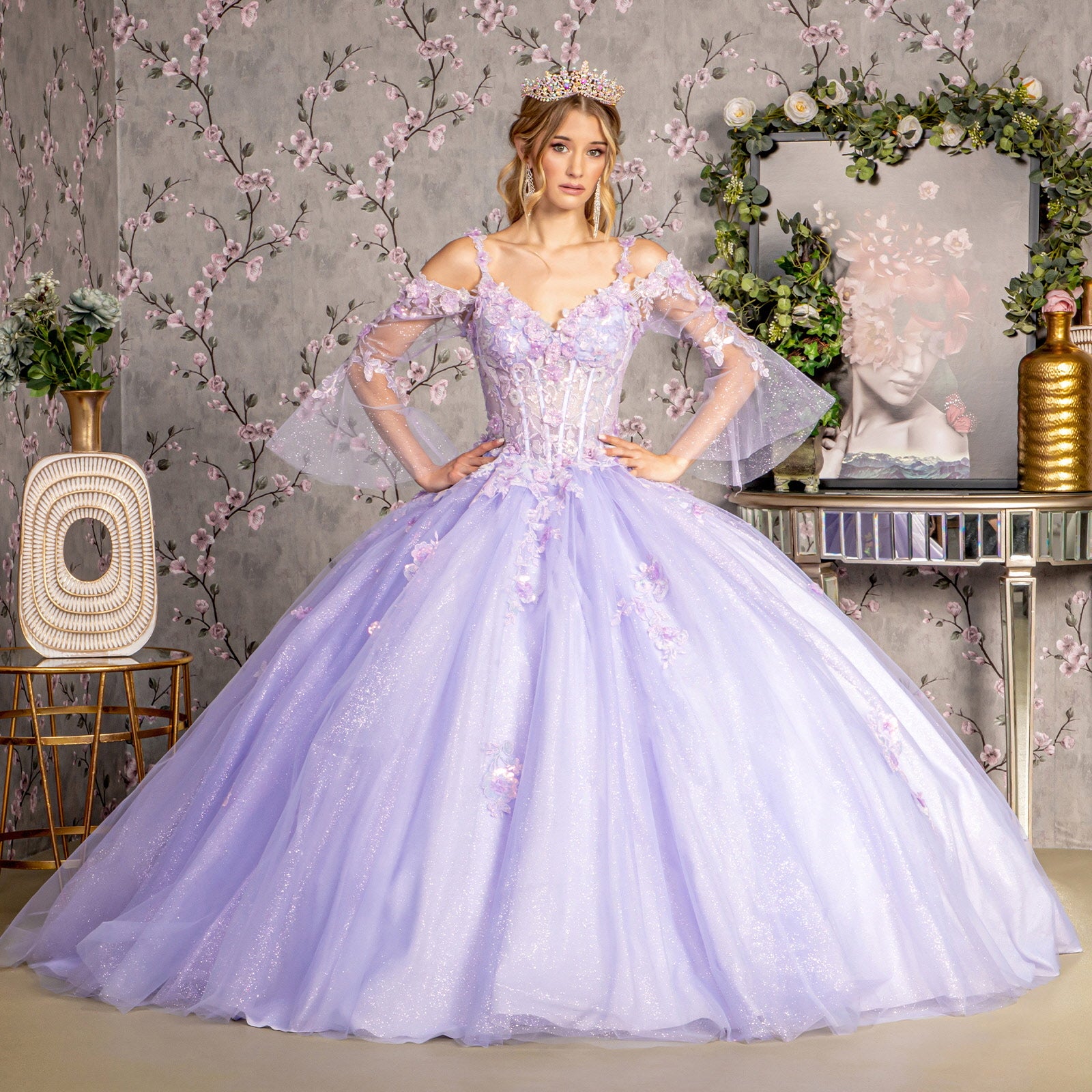 Glitter Sequin Long Quinceanera Ball Gown