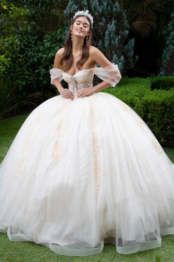 white long sleeve quinceanera dresses Long Glitter Beaded Quinceanera Dress