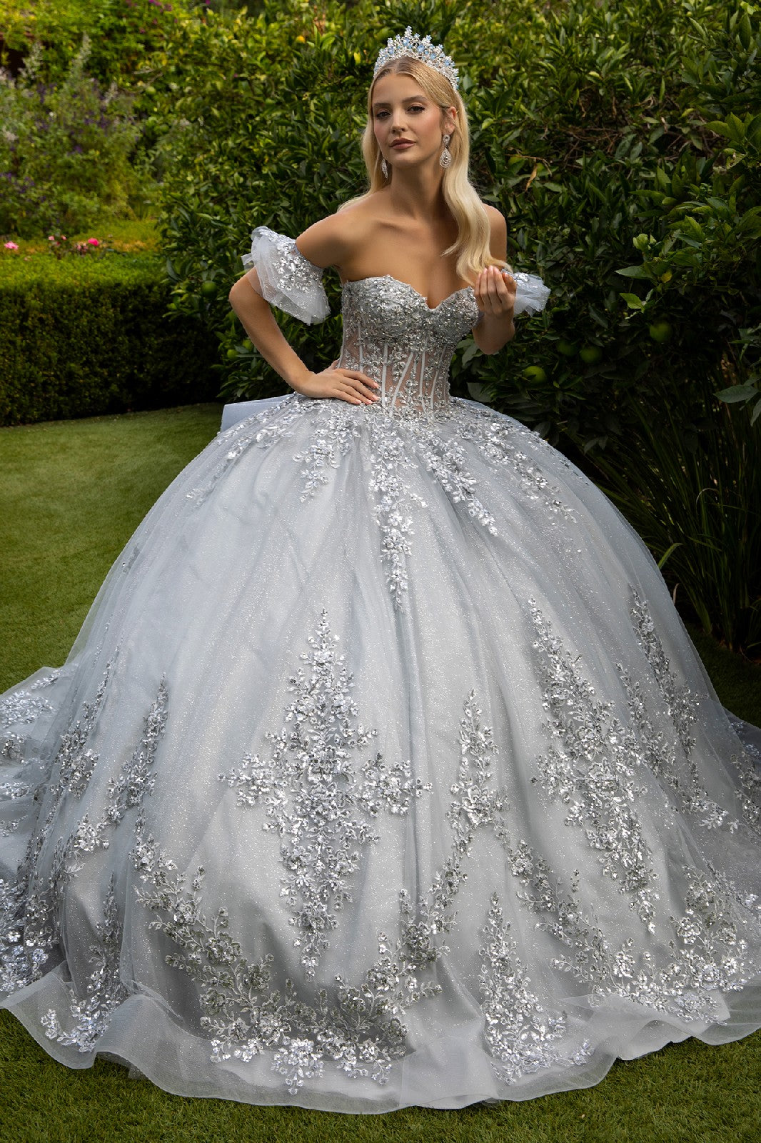 Long Ball Gown Quinceanera Glitter Dress - Silver / L Long Ball Gown Quinceanera Glitter Dress - Silver / L