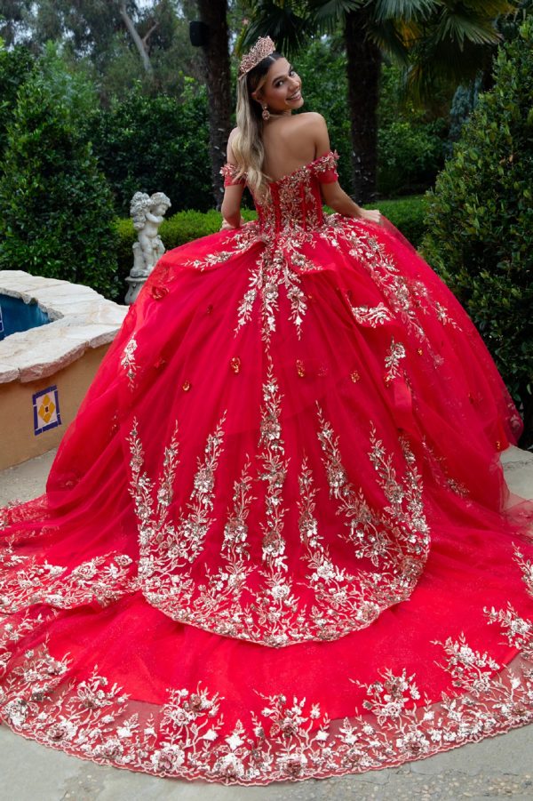 red and gold sweet 16 dresses Vintage Burgundy Flower Ball Gown Sweet 16 Dress Gold Lace Quince Dres –  Viniodress main image 1