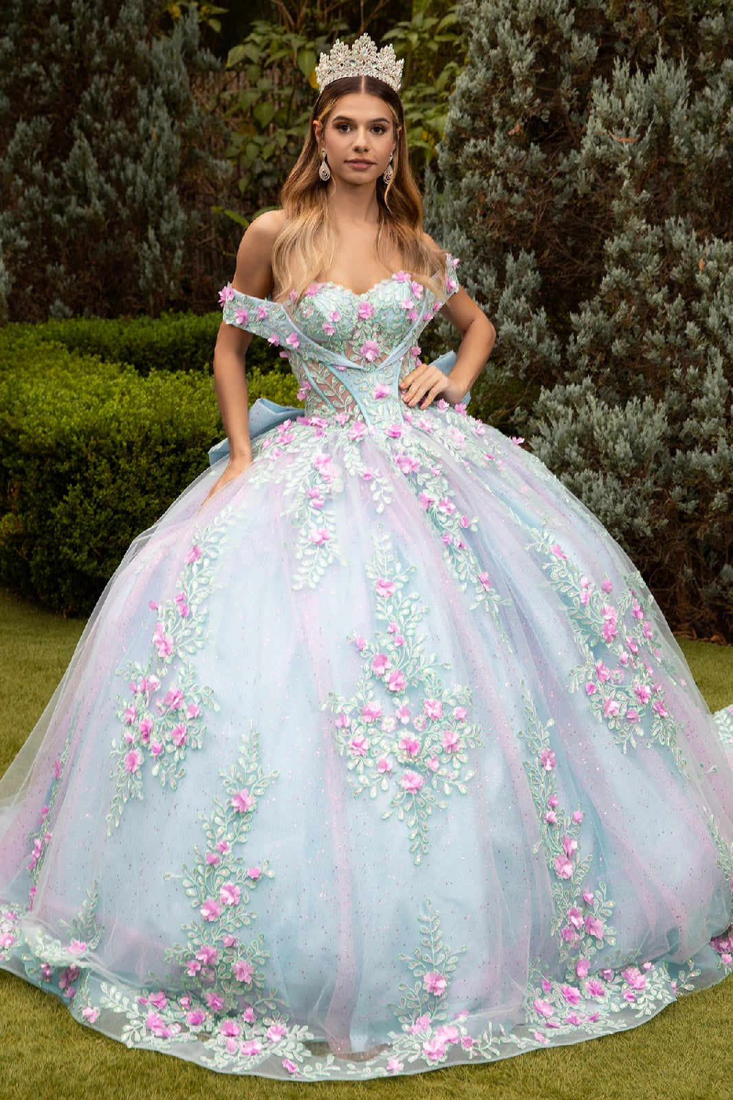 pink white quinceanera dresses White & Blush Pink Off-Shoulder Floral Quinceaera Ball Gown | Beaded Corset Bodice Princess Dress GL3553