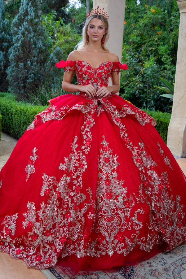 red flower applique dress Long 3D Floral Applique Quinceanera Dress
