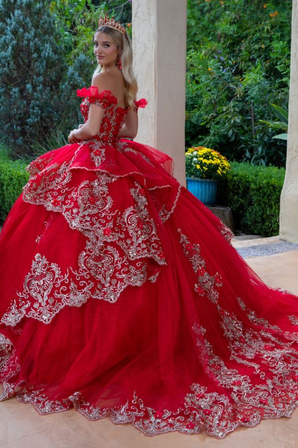 Quinceniera Dresses Long 3D Floral Applique Quinceanera Dress Red