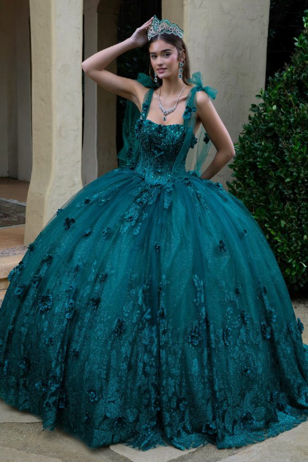 Quinceniera Dresses Glitter Applique Long Quinceanera Dress Green