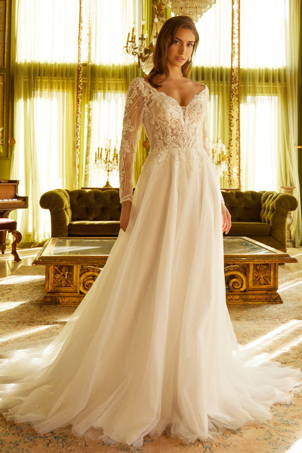 Long Sleeve A Line Sequin Wedding Dress