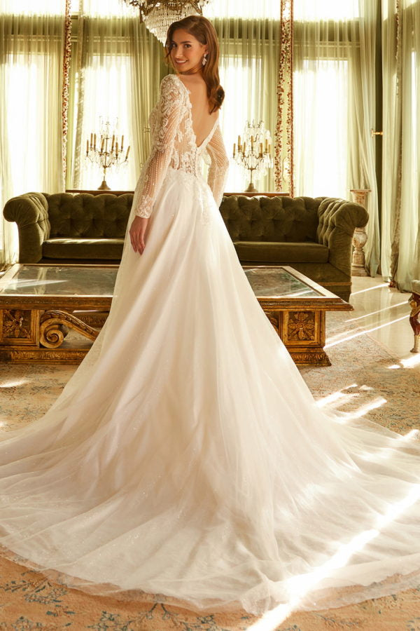 Long Sleeve A Line Sequin Wedding Dress