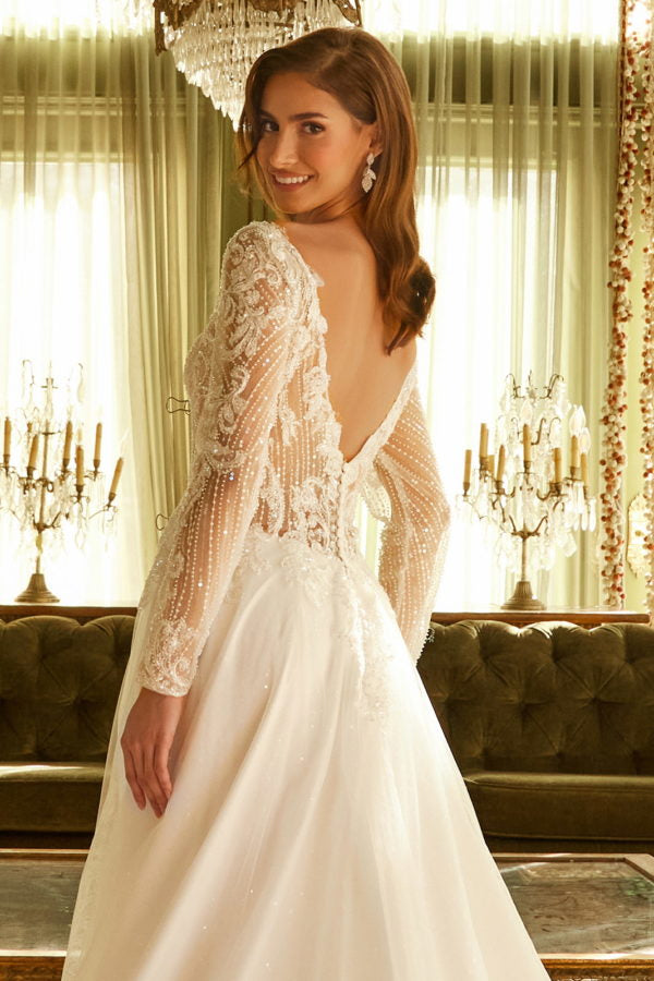 Long Sleeve A Line Sequin Wedding Dress